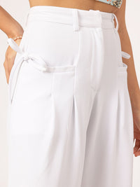 DressBerry Women Pleated Perfection Textured Bow Detail Flared Trousers