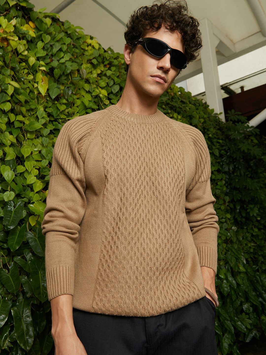 Campus Sutra Men Camel Hive-Knit Pullover Sweater