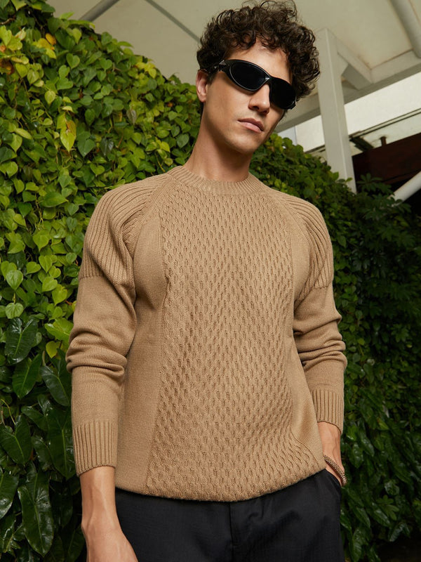 Campus Sutra Men Camel Hive-Knit Pullover Sweater