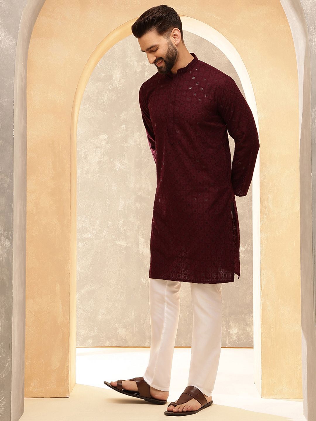 Anouk Wine Geometric Embroidered Sequinned Mandarin Collar Pure Cotton Kurta With Pyjama