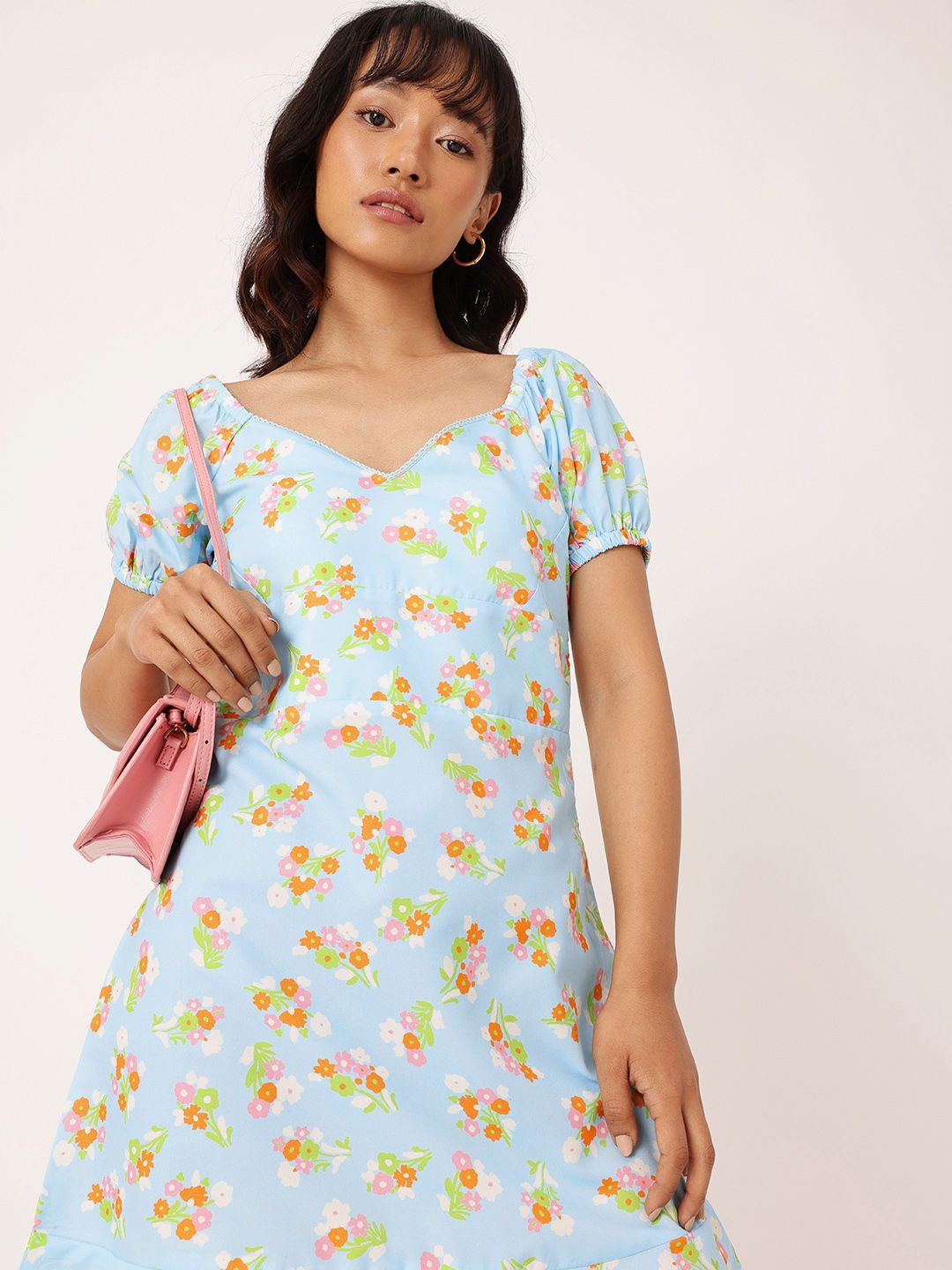 DressBerry Endearing Blossom Sweetheart Neck Puff Sleeves A-Line Dress