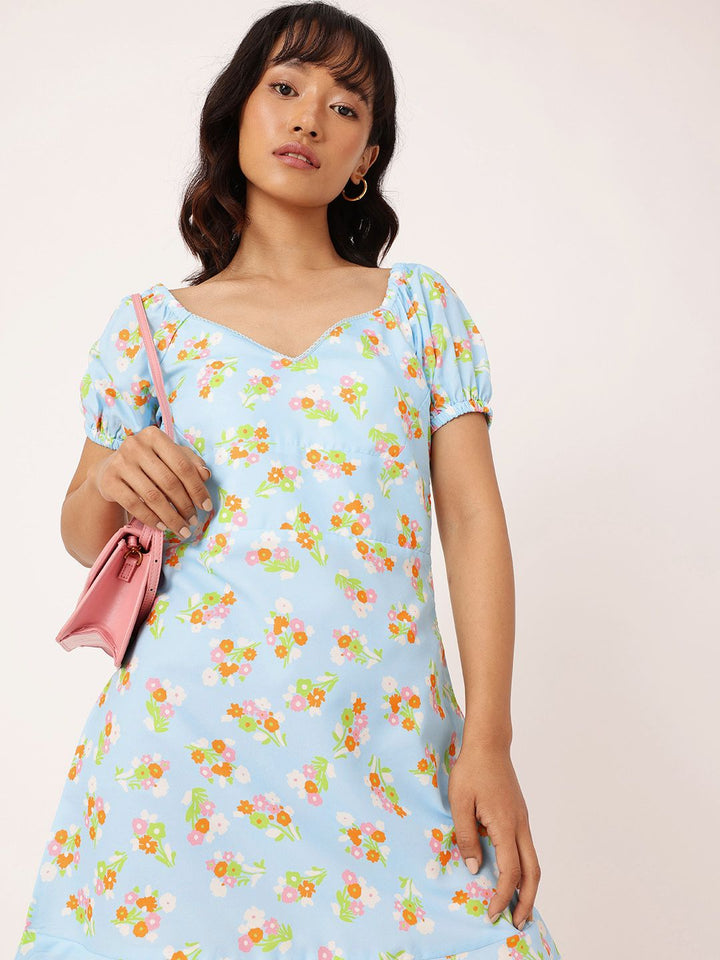 DressBerry Endearing Blossom Sweetheart Neck Puff Sleeves A-Line Dress