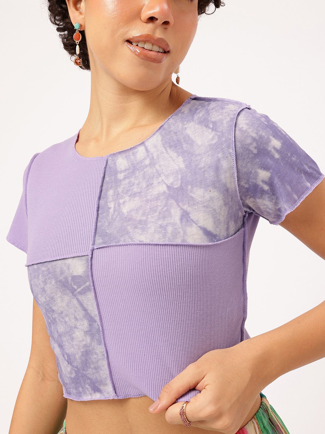 Lavender Tie-Dye Ribbed Crop Top with Round Neck
