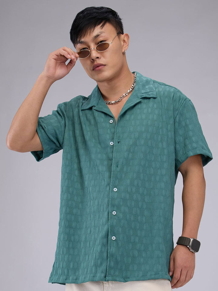 VASTRADO Men Classic Cuban Collar Textured Oversized Casual Shirt