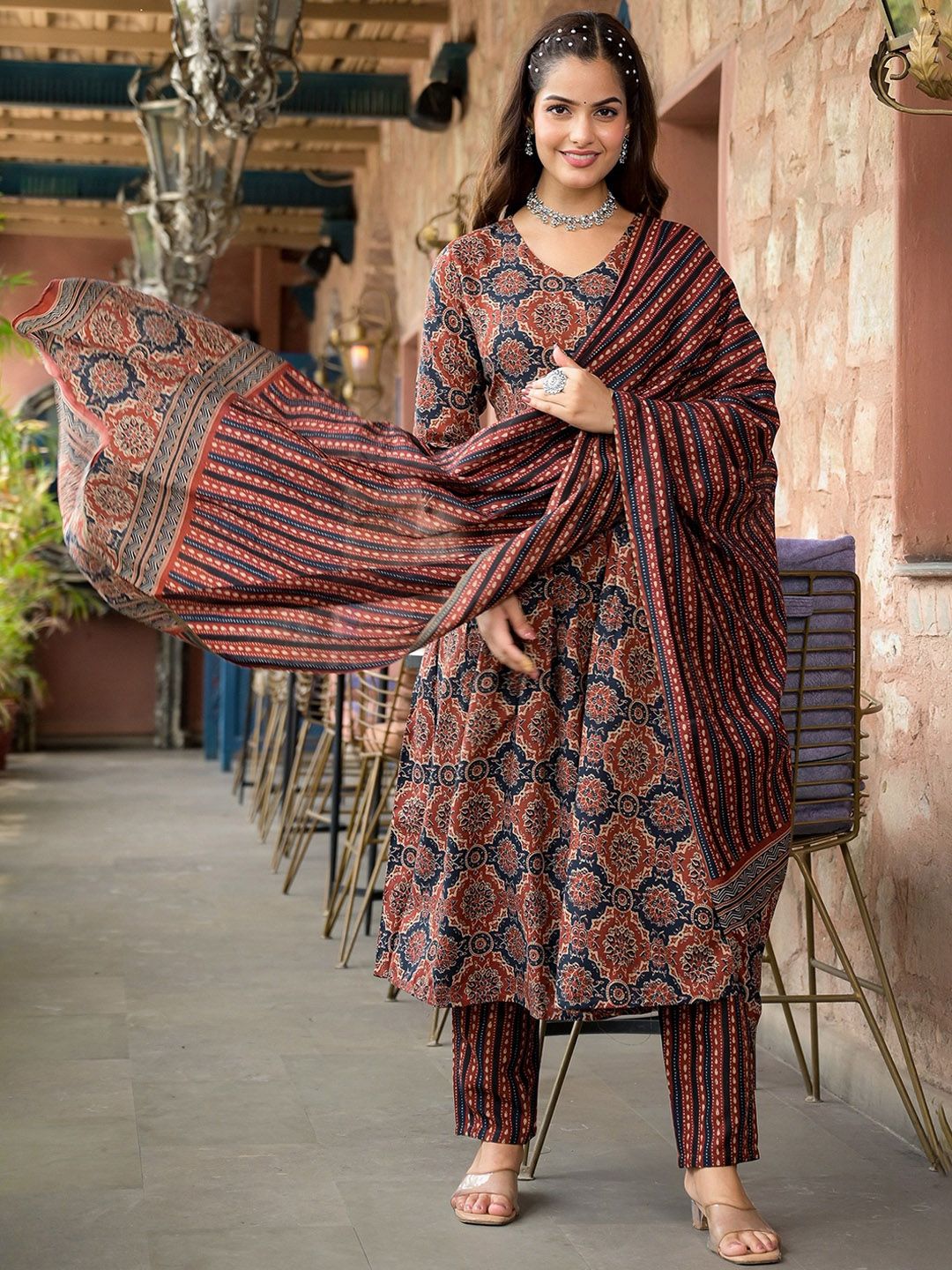 KALINI Ethnic Motifs Printed A-Line Kurta with Trousers & Dupatta