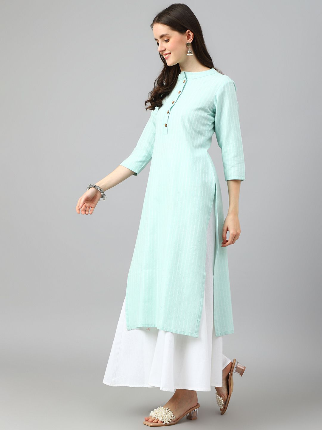 KALINI Striped Woven Design Mandarin Collar Three-Quarter Sleeves Straight Kurta