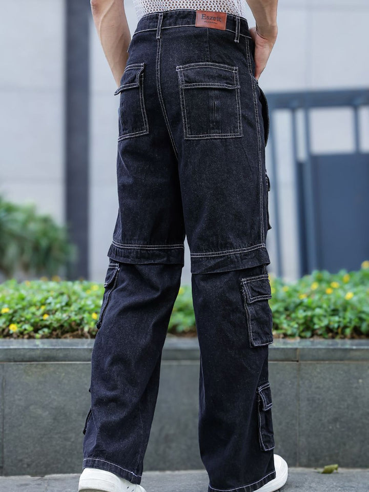 Eszett Lelaki Black Comfort Baggy Seluar Gaya Kargo Pertengahan