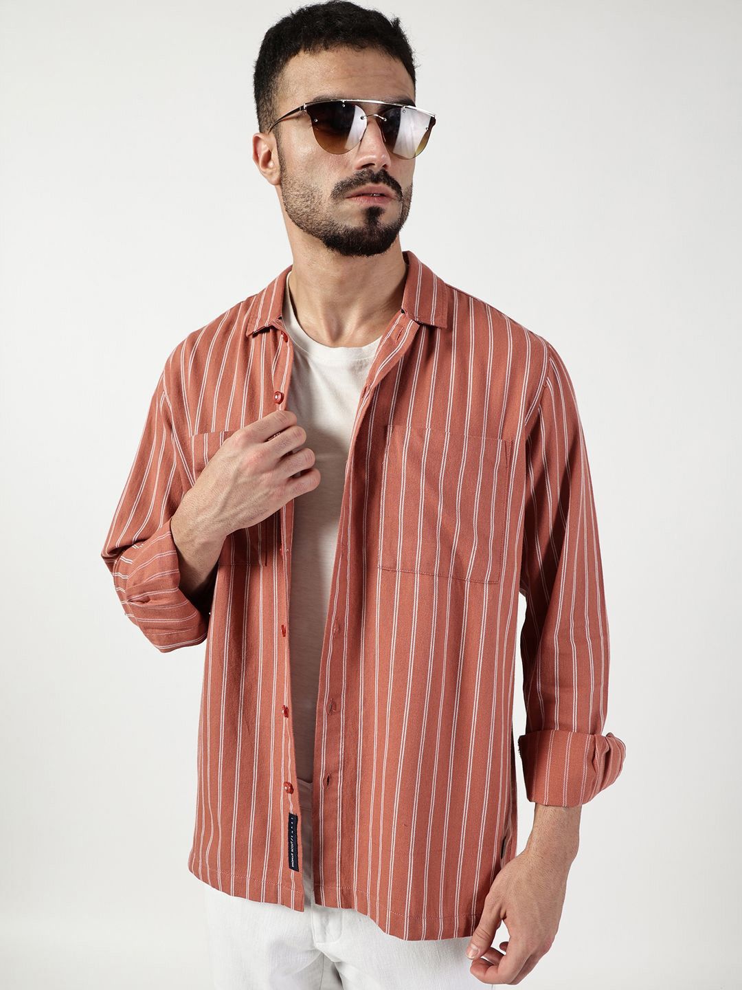 Thomas Scott Men Premium Spread Collar Vertical Striped Pure Cotton Slim Fit Casual Shirt