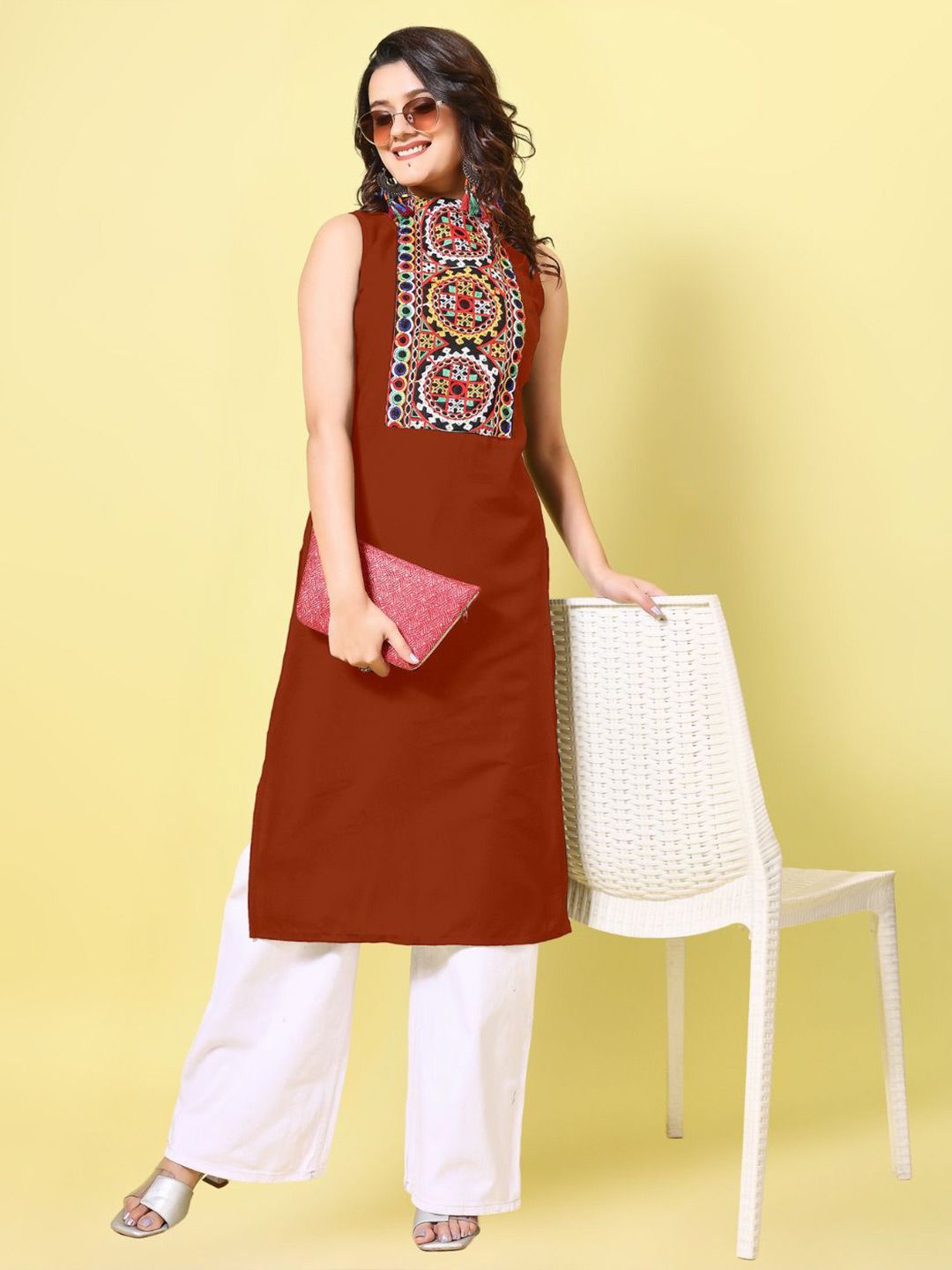 KALINI Women Cotton Blend Embroidered High Neck Straight Kurta