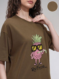 Street By Tokyo Talkies Women Solid Oversized Fit Chest and Back Print T-Shirt