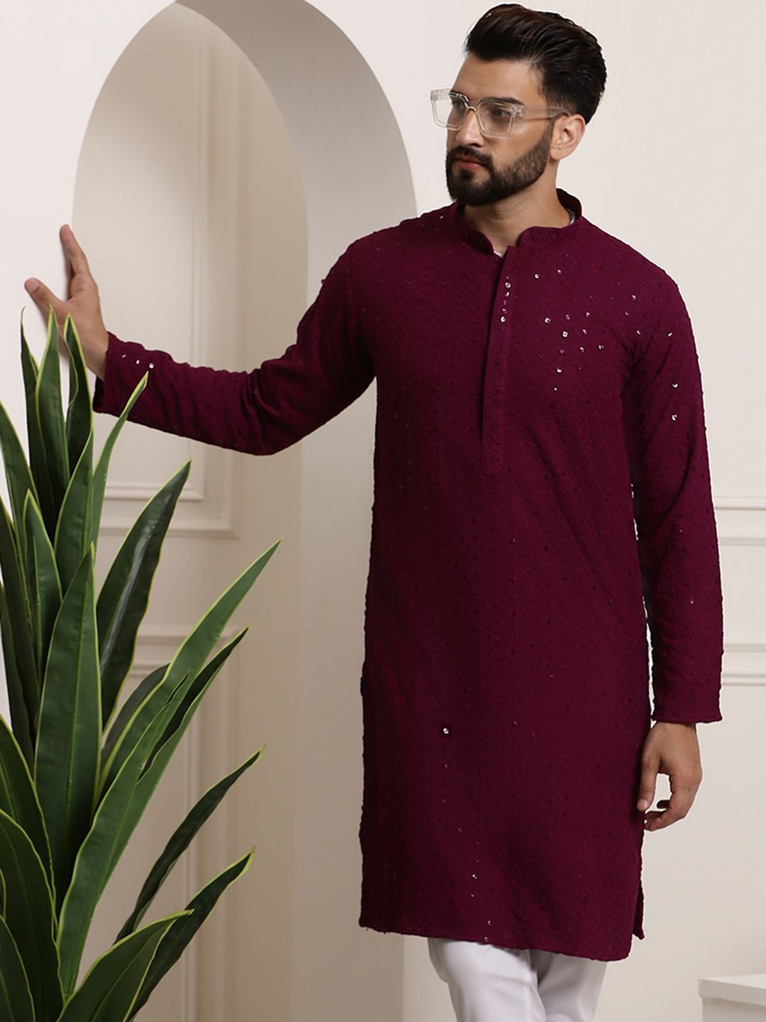 SOJANYA Lelaki Ungu Benang Kerja Kurta