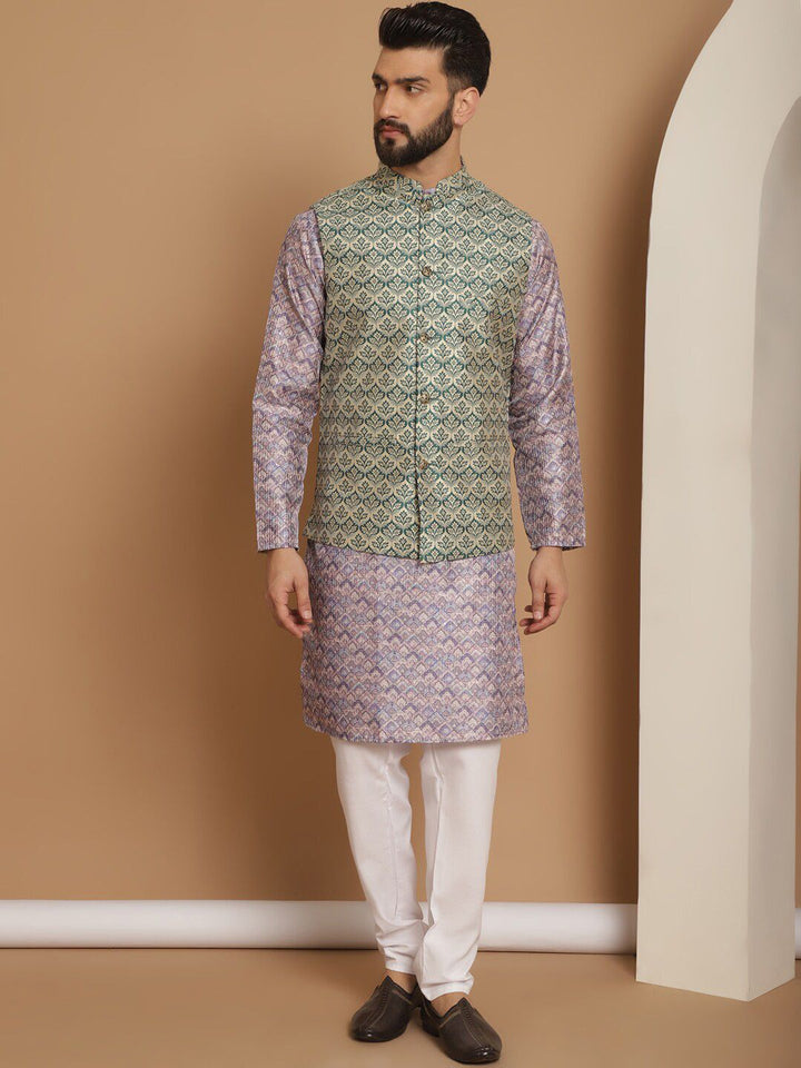 Anouk Striped Regular Jacquard Silk Printed Thread Work Straight Kurta with Churidar