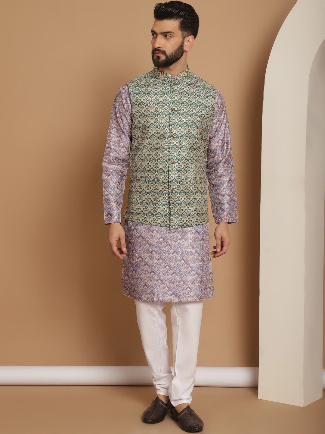 Anouk Striped Regular Jacquard Silk Printed Thread Work Straight Kurta with Churidar