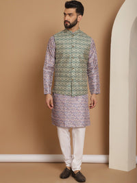 Anouk Striped Regular Jacquard Silk Printed Thread Work Straight Kurta with Churidar