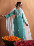 House of Chikankari Women Green Chanderi Chikankari Embroidered Kurta