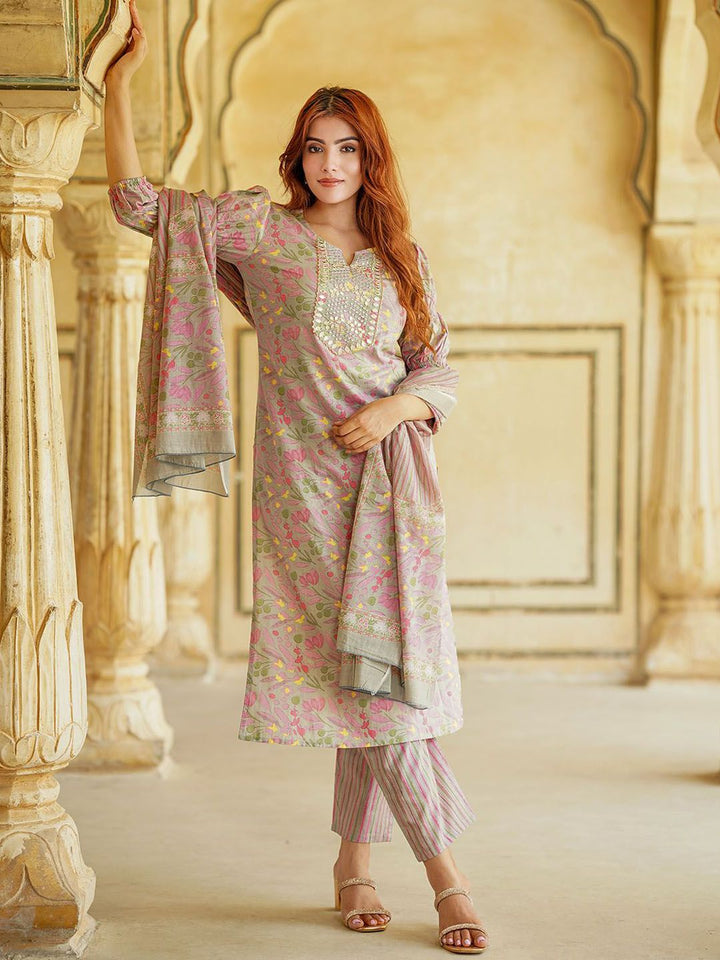KALINI Floral Printed Thread Work Pure Cotton Straight Kurta With Trousers & Dupatta