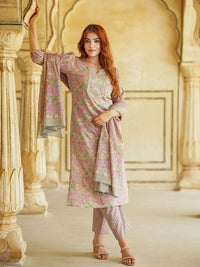KALINI Floral Printed Thread Work Pure Cotton Straight Kurta With Trousers & Dupatta