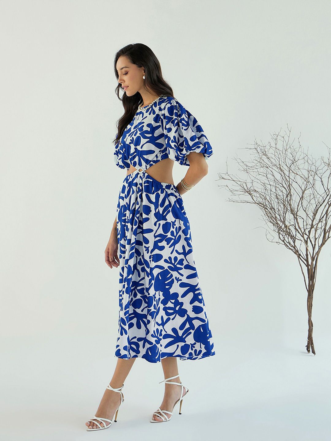Pink Paprika by SASSAFRAS Women's Floral Print Fit & Flare Side Cut Out Midi Dress