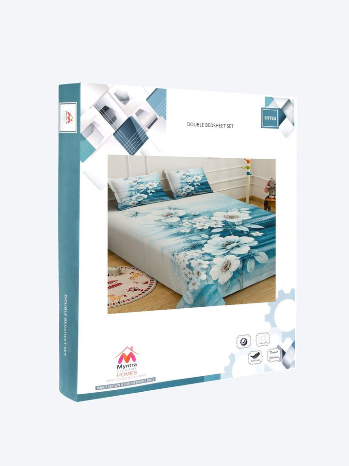 Myntra Elegant Homes Blue Floral 300 TC Cadar dengan 2 Sarung Bantal