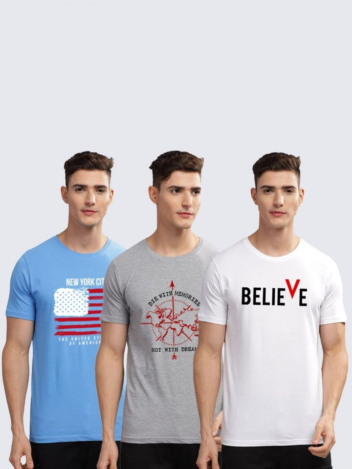 ADRO Men Pack of 3 Typography Printed Round Neck Cotton T-shirts
