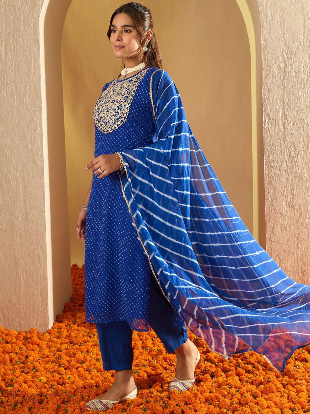 Indo Era Leheriya Embroidered Georgette Straight Kurta With Trousers & Dupatta