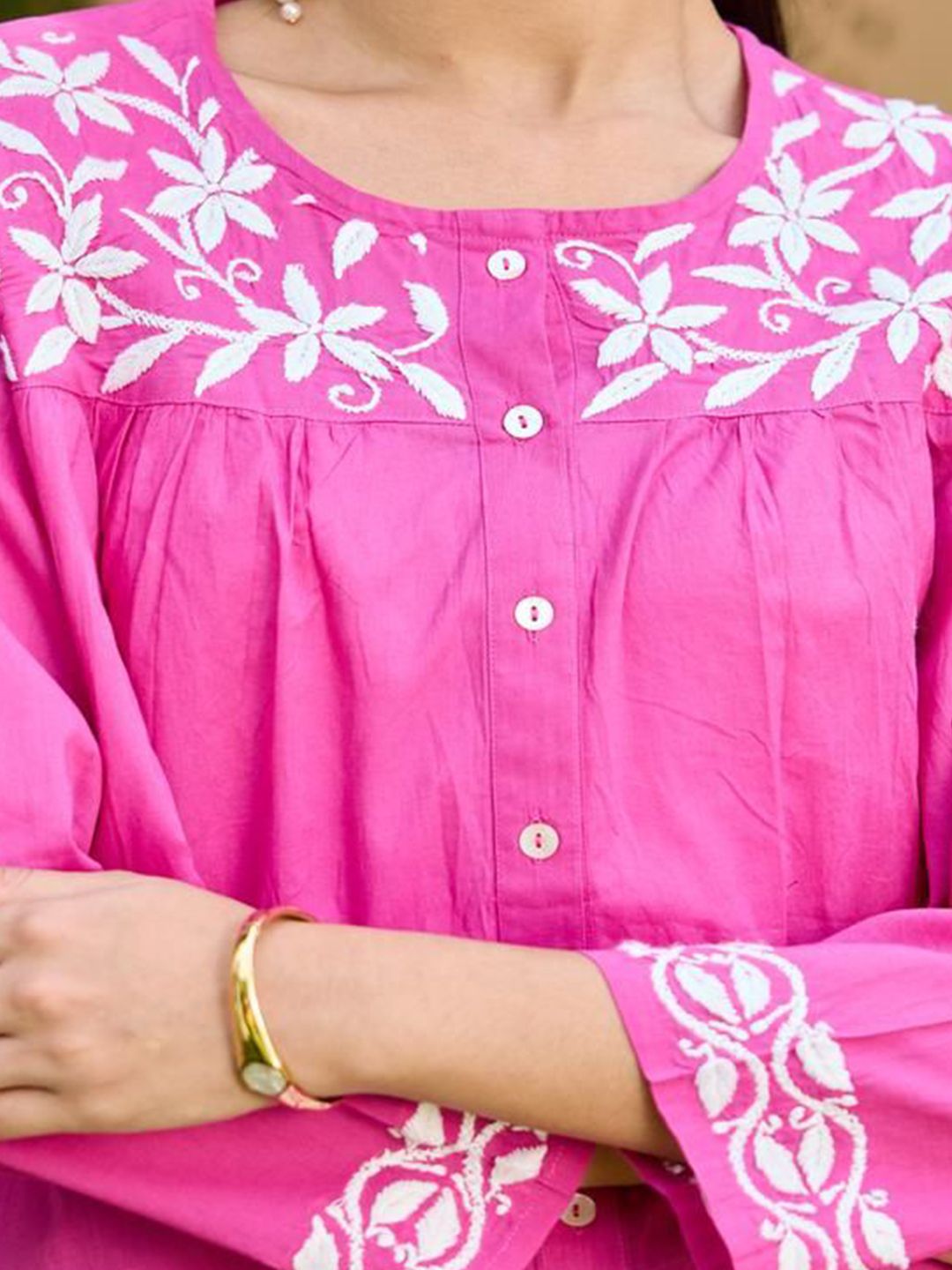 House of Chikankari Women Pink Cotton Chikankari Embroidered Top