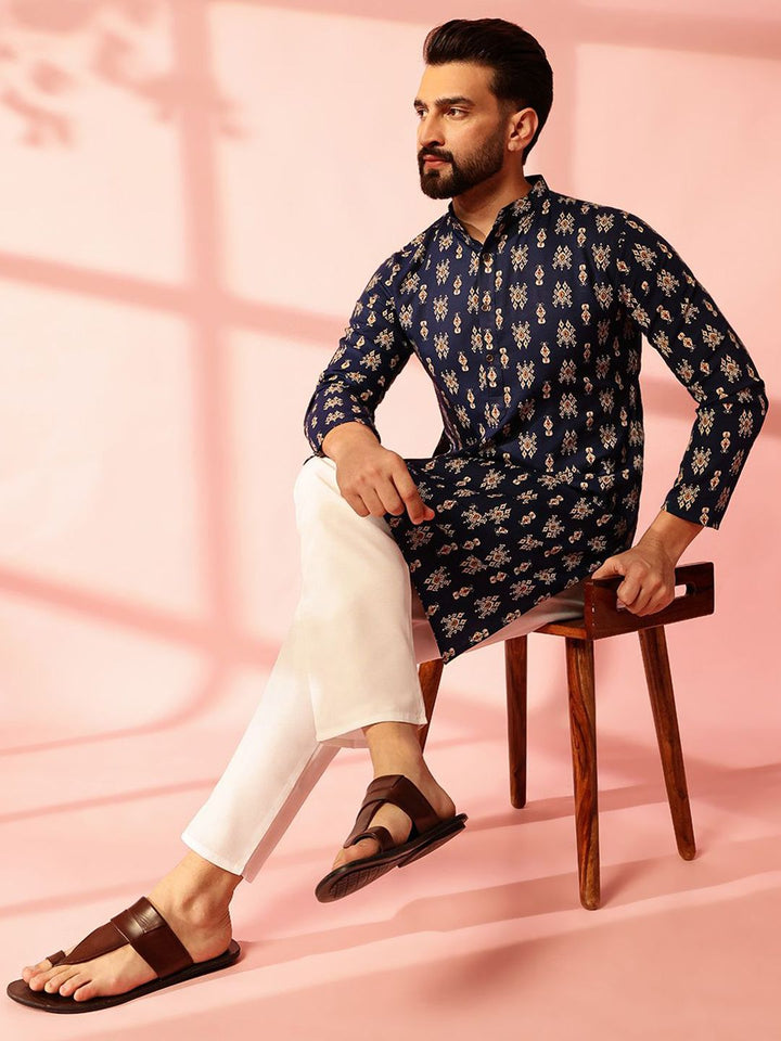 Anouk Ethnic Motifs Printed Band Collar Ikat Technique Cotton Linen Straight Kurta