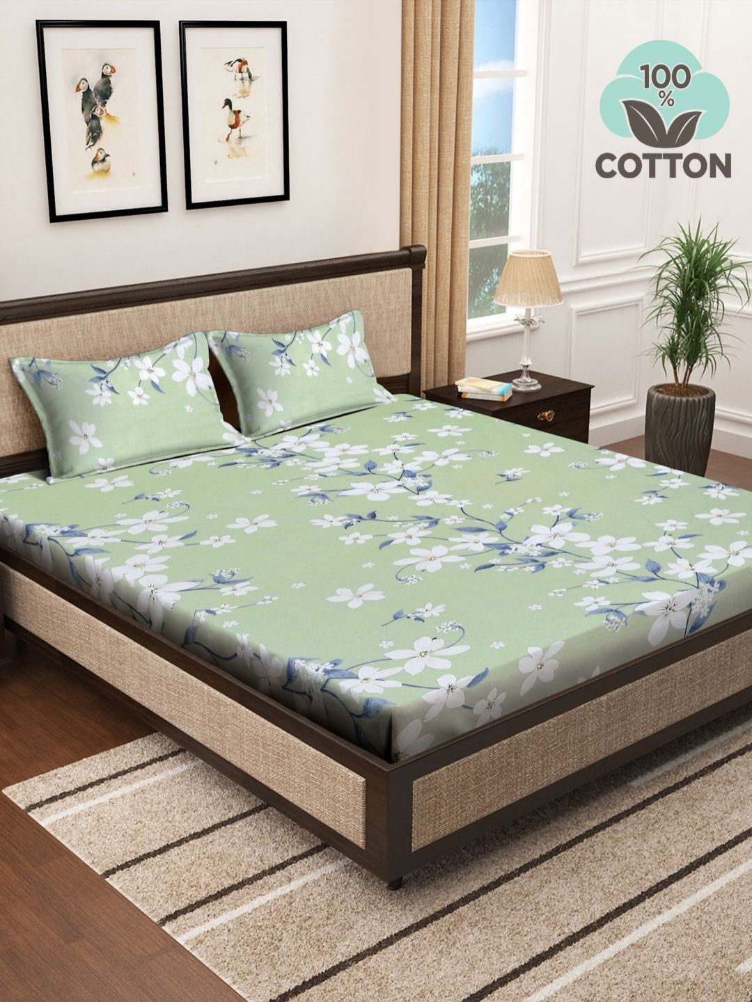 Myntra Elegant Homes Green Floral Cotton 400 TC King Cadar Superfine & 2 Sarung Bantal
