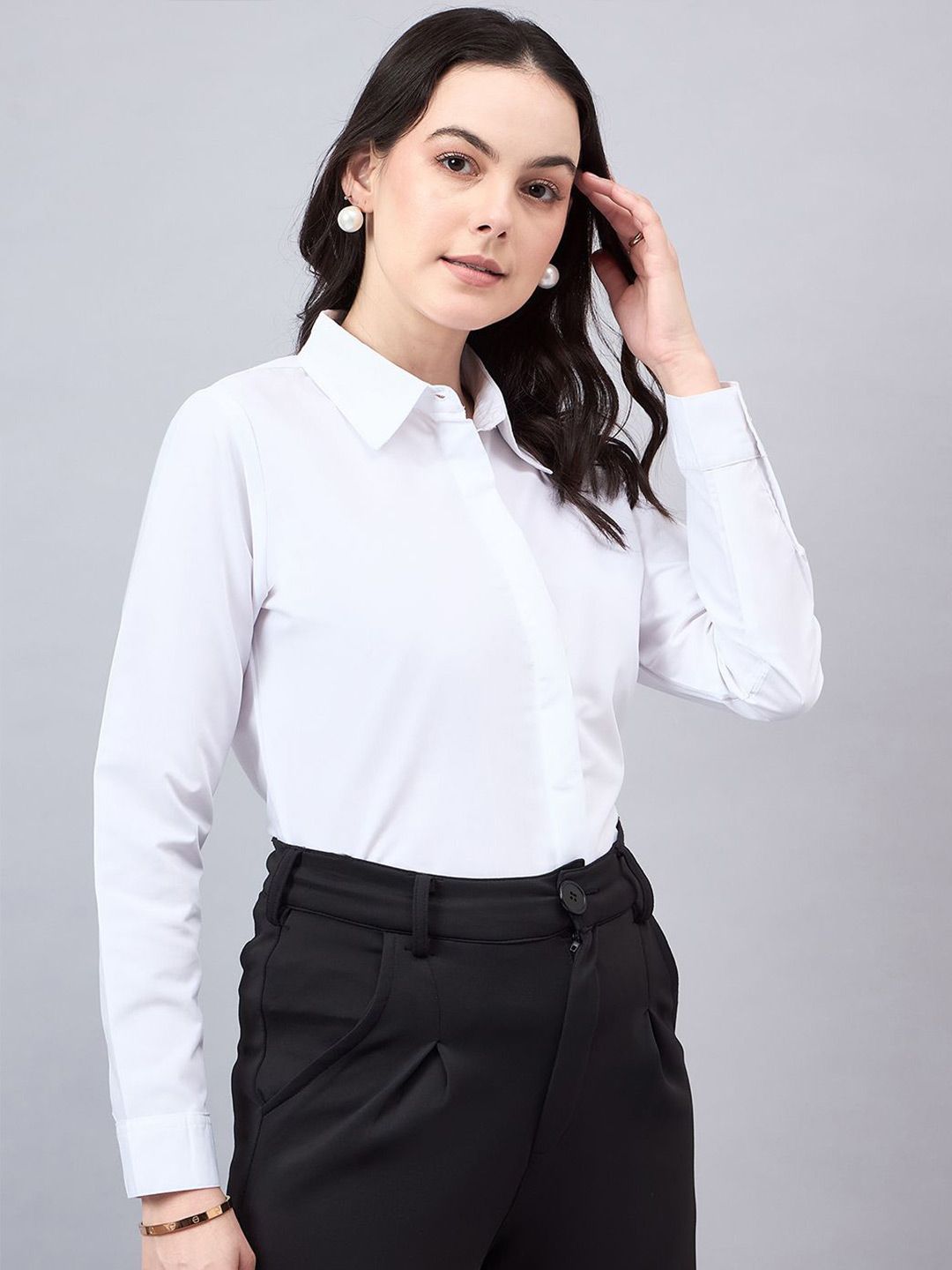 Style Quotient Women Smart Spread Collar Solid Cotton Formal Shirt