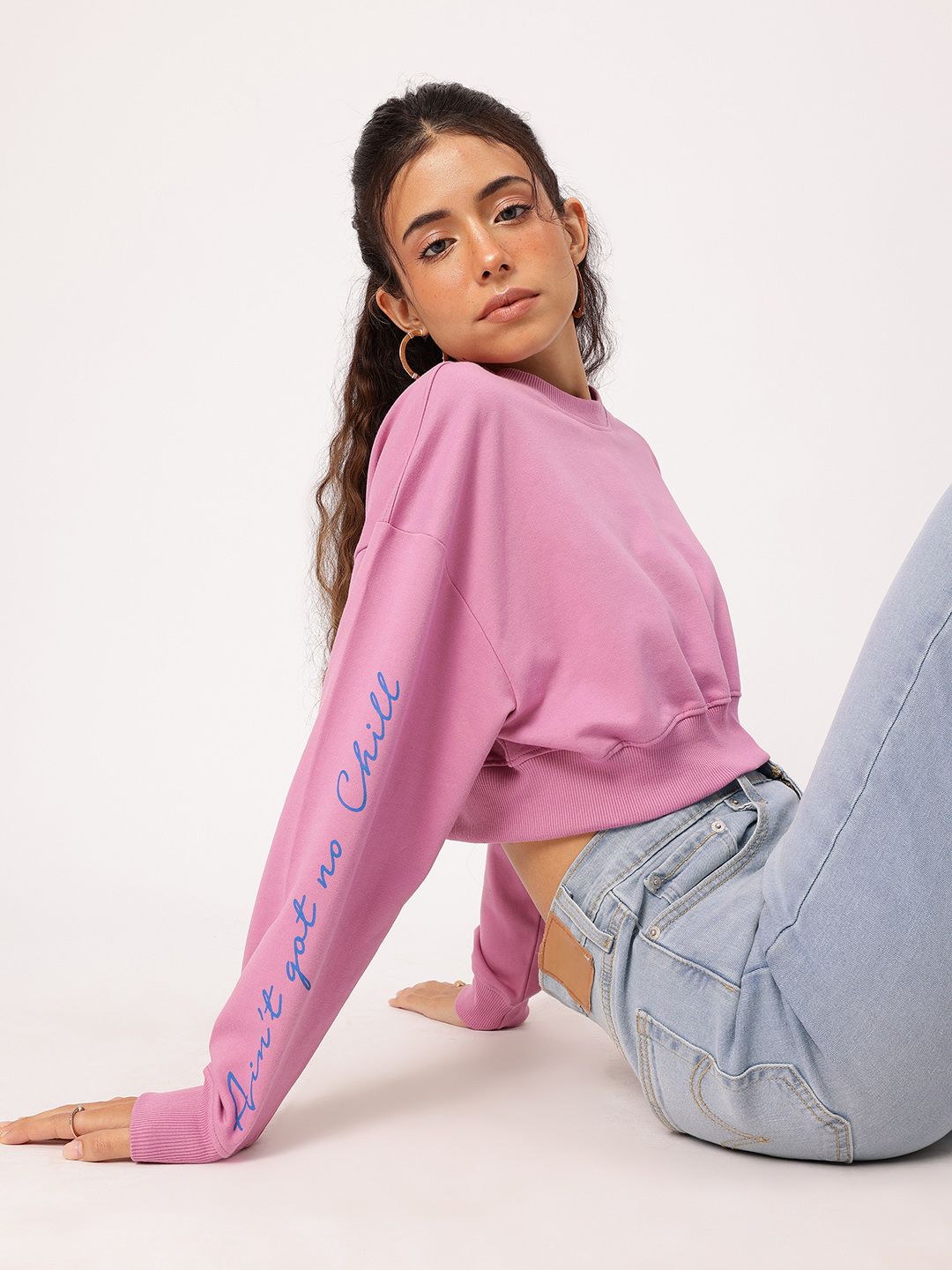 DressBerry Typography Printed Crop Pullover Sweatshirt