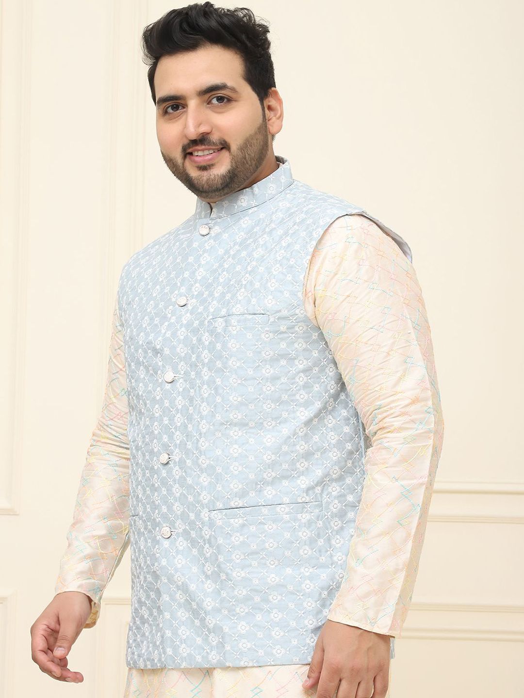 SOJANYA PLUS Lelaki Plus Saiz Sulam Jaket Nehru Kolar Mandarin