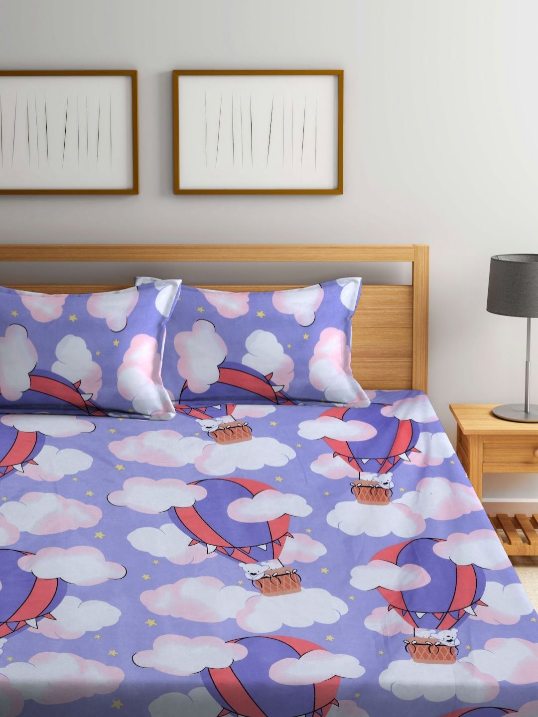 Myntra Elegant Homes Purple Conversational Cotton 300 TC King Fine Bedsheet dengan 2 Sarung Bantal-98 x 87 inci