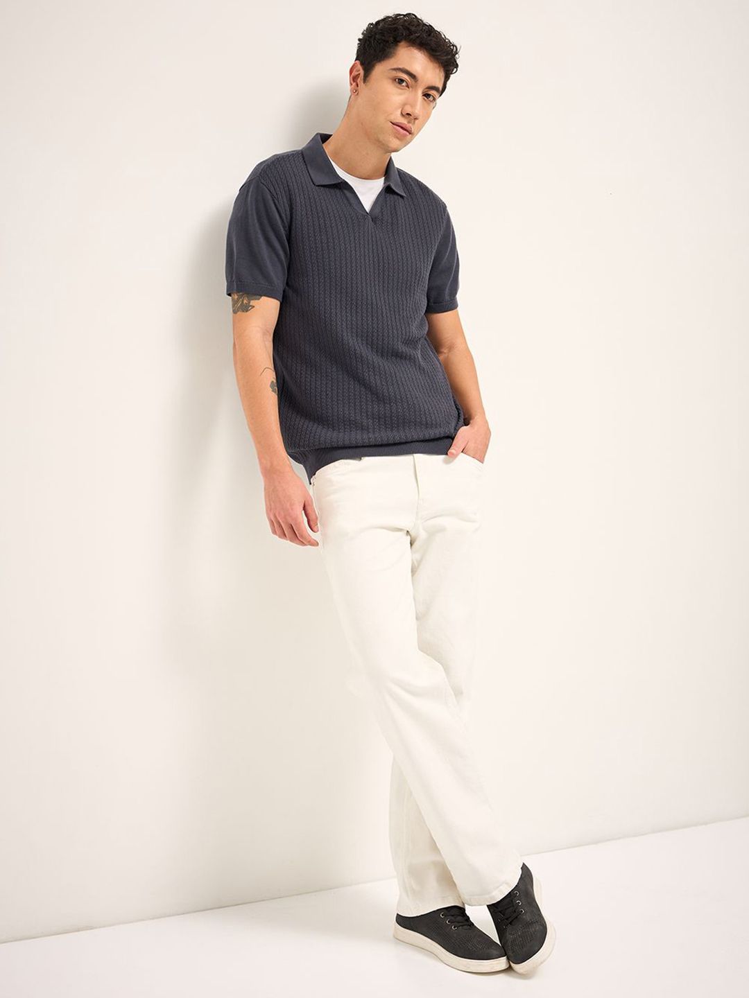 THE BEAR HOUSE Men Self Design Polo Collar Cotton T-shirt