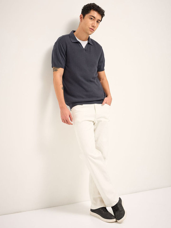 THE BEAR HOUSE Men Self Design Polo Collar Cotton T-shirt