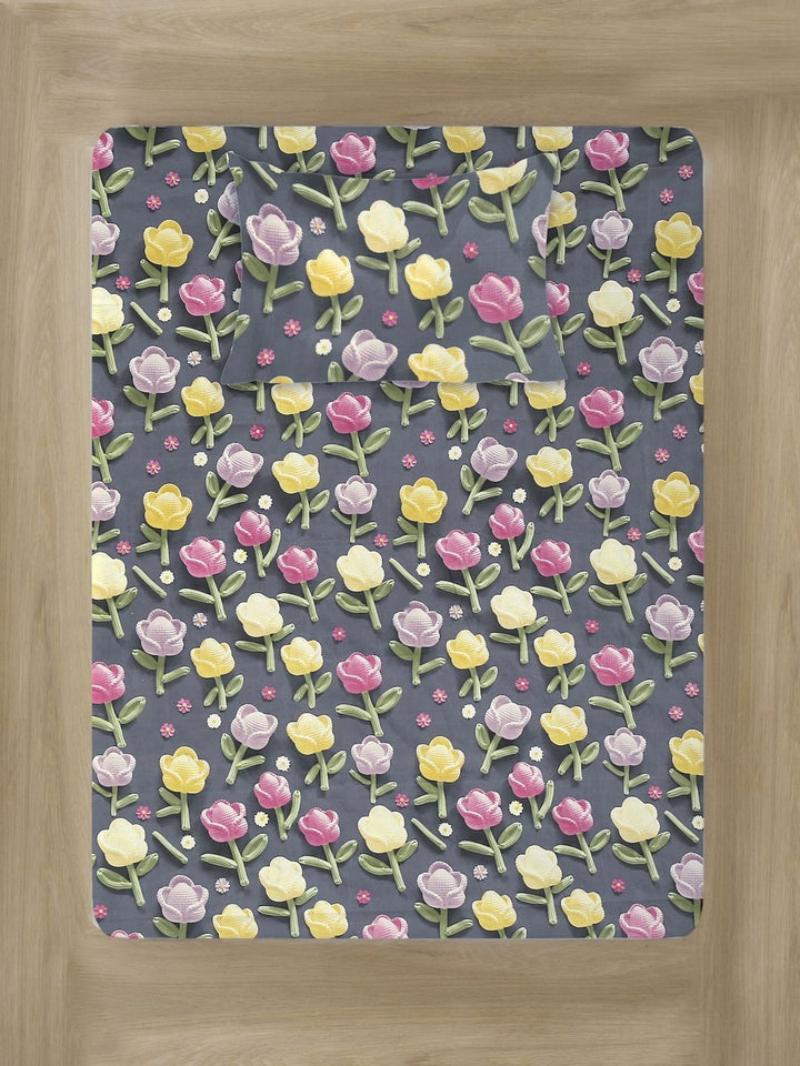 Myntra Elegant Grey Floral 300 TC Single 7D Bedsheet with 1 Pillow Cover
