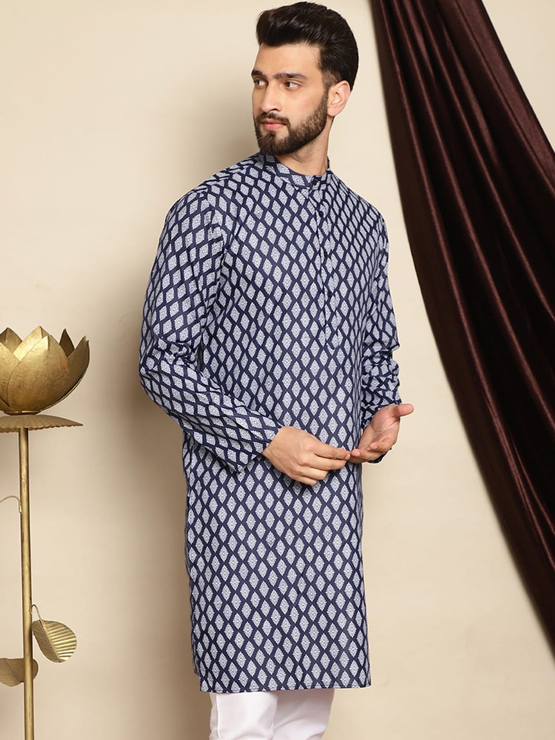 Anouk Navy Blue Ethnic Motif Printed Band Collar Straight Kurta