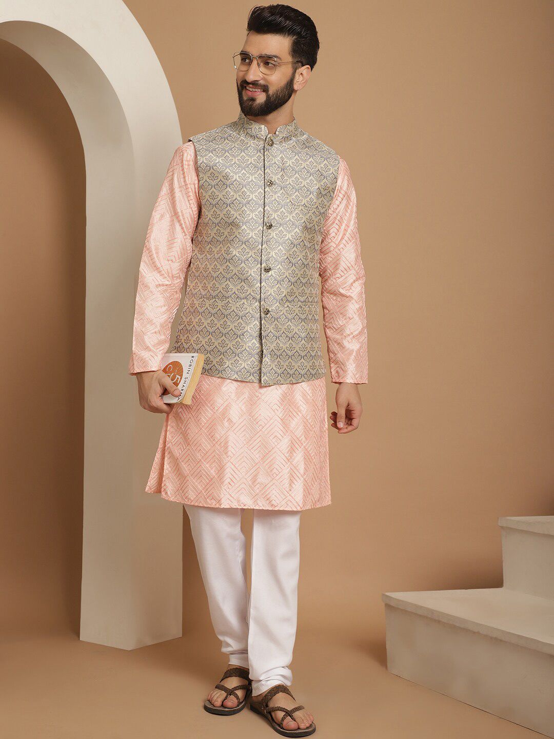 Anouk Embroidered Regular Thread Work Kurta with Churidar & Nehru Jacket