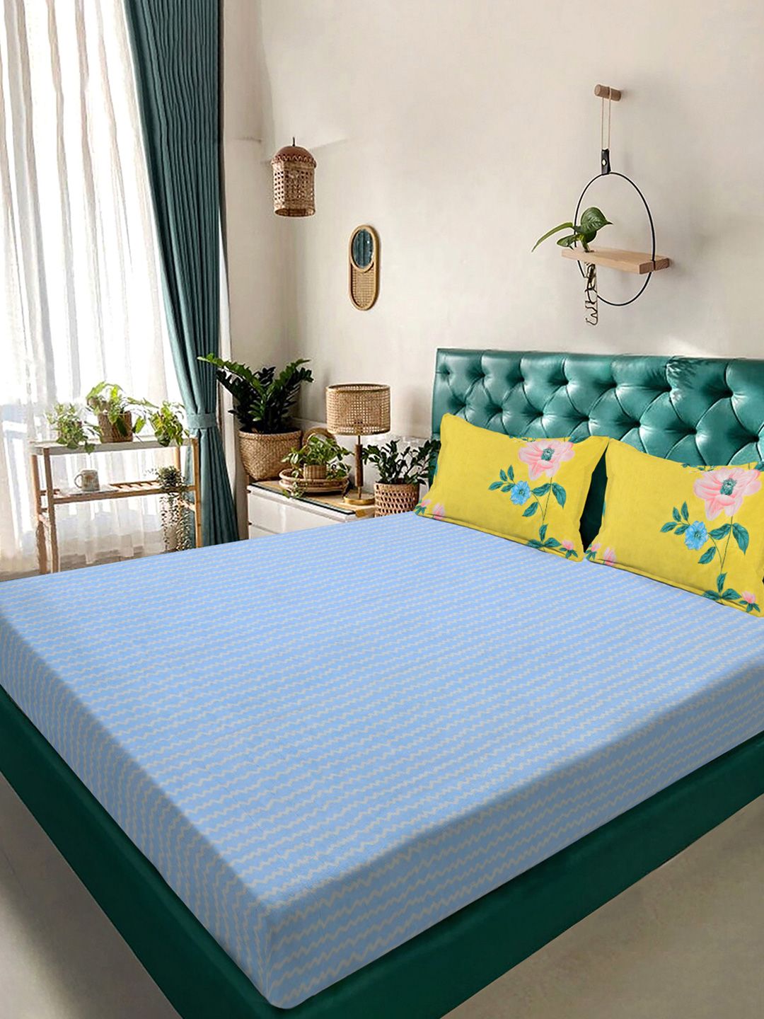 KLOTTHE Blue Striped Printed Fitted 300 TC King Fine Bedsheet With 2 Pillow Covers