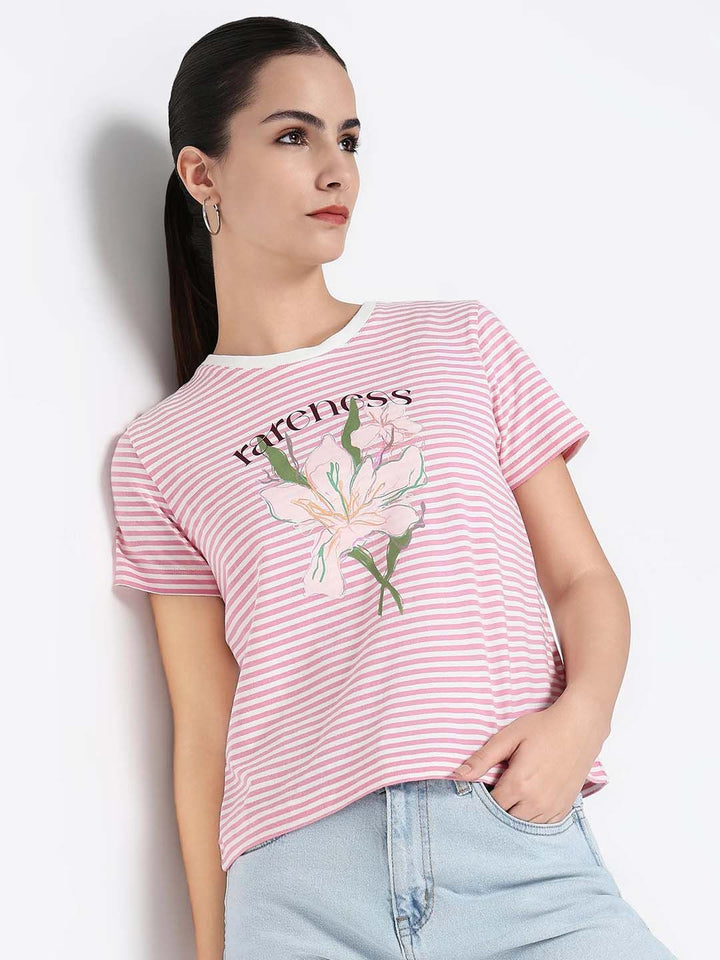Rareism Wanita Grafik T-Shirt Leher Pusingan Dicetak