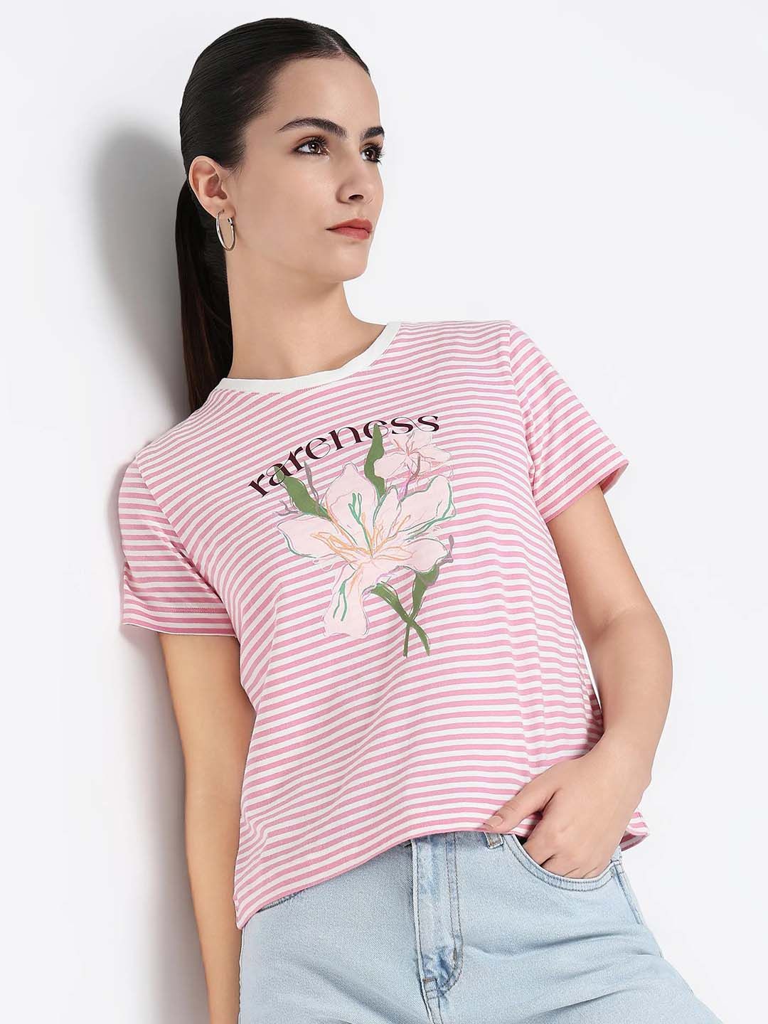 Rareism Wanita Grafik T-Shirt Leher Pusingan Dicetak