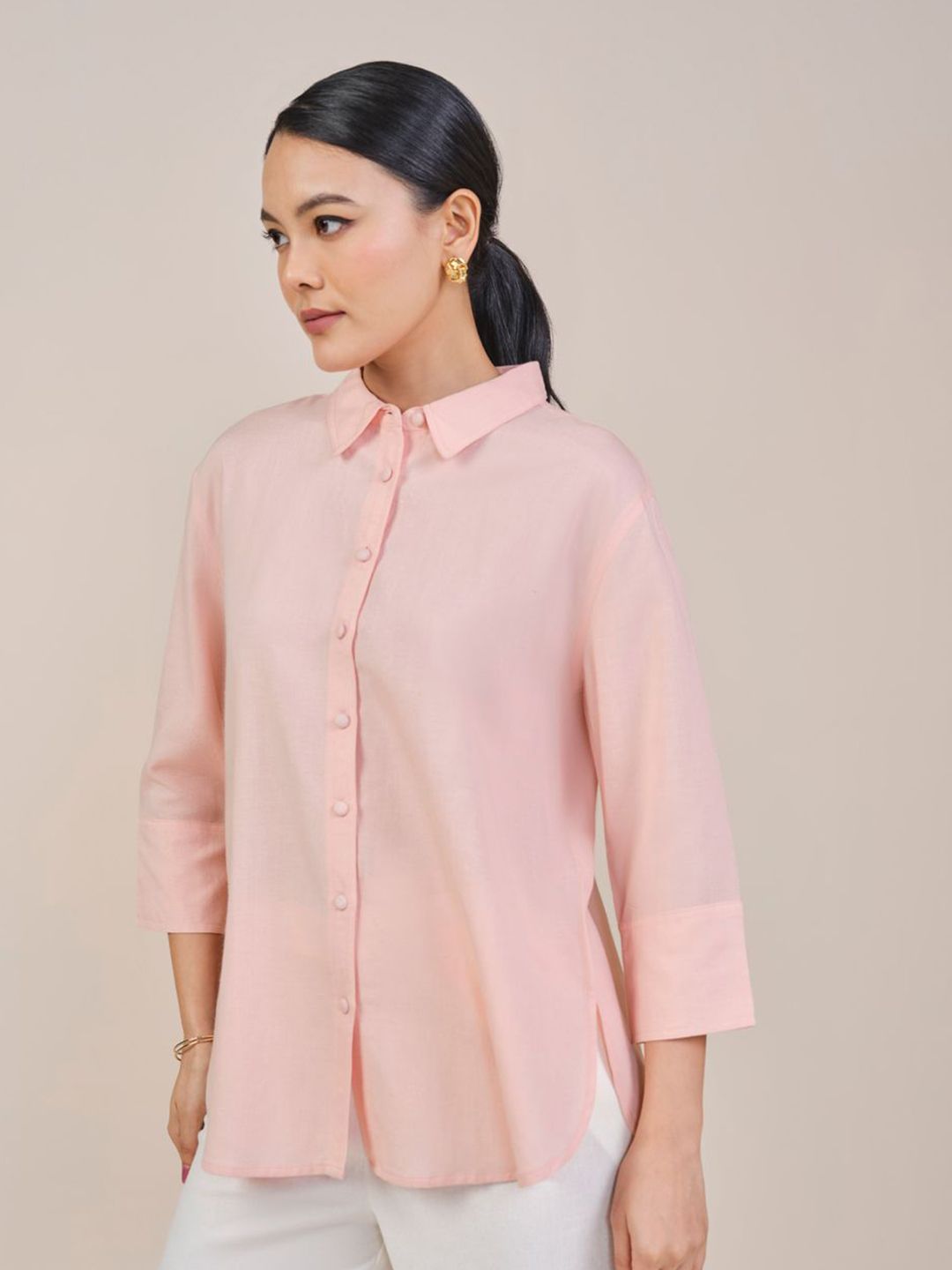 AND Women Solid Shirt Collar Top