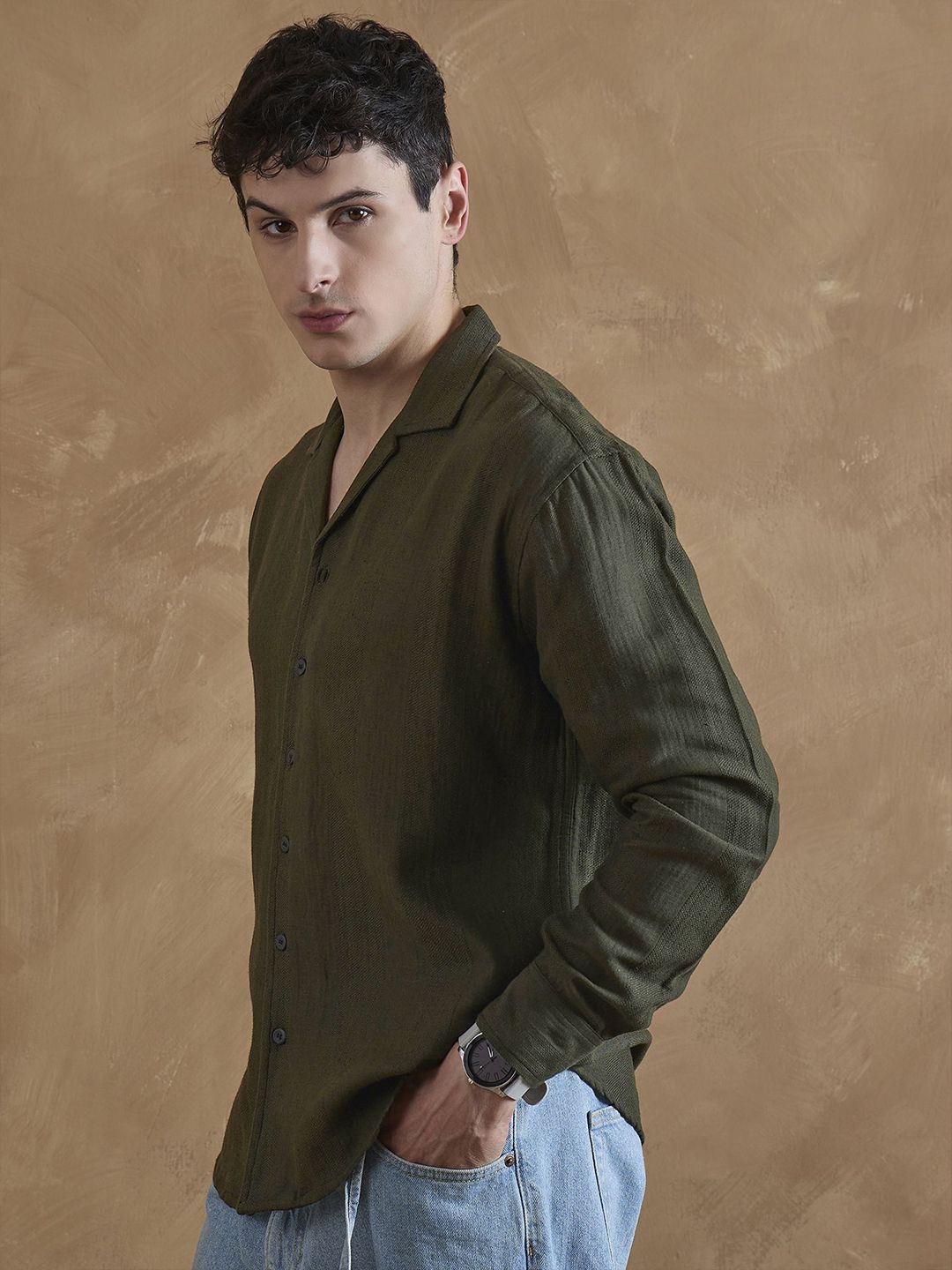 DENNISON Men Olive Double Gauge Self Design Shirt