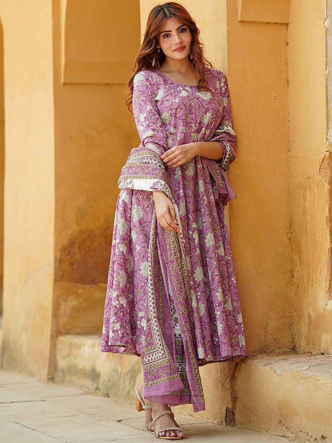 KALINI Floral Printed Regular Pure Cotton Anarkali Kurta with Trousers & Dupatta