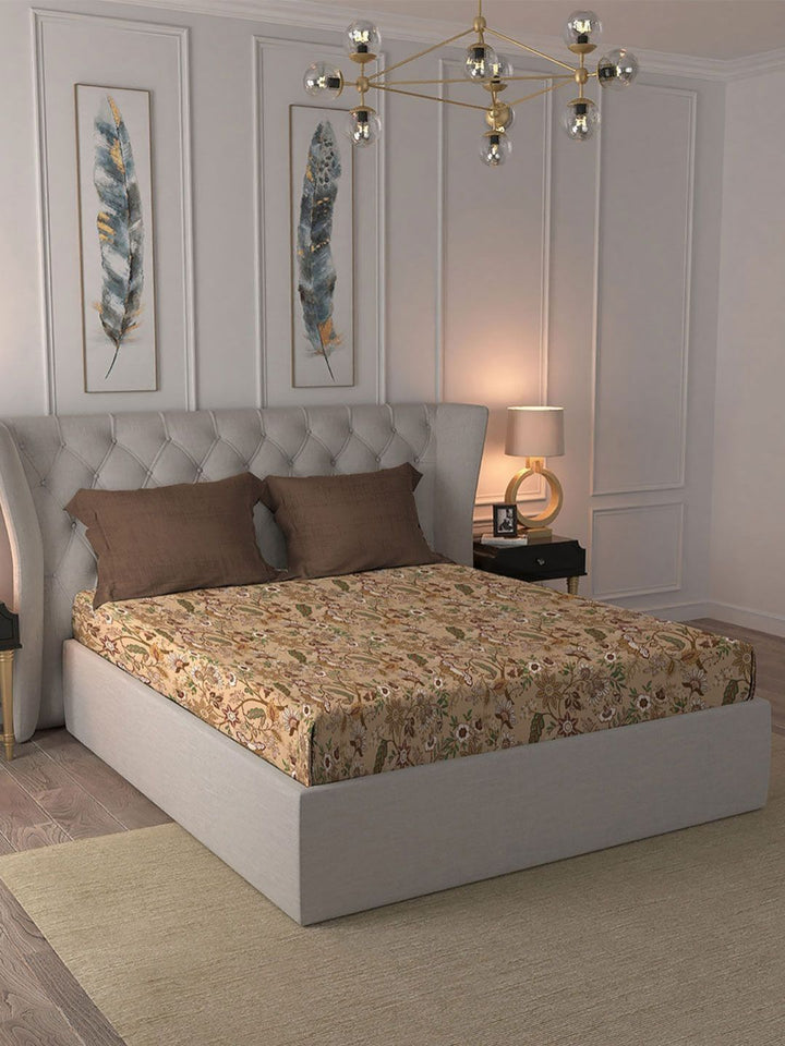 MYTRIDENT Chintz Brown Celebration Flat 144TC Queen Pure Cotton Bedsheet Set