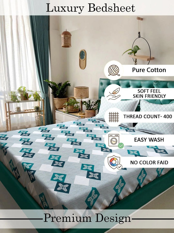 Myntra Elegant Homes Biru Turquoise & Kelabu Geometrik 400 TC Cadar King dengan 2 Sarung Bantal