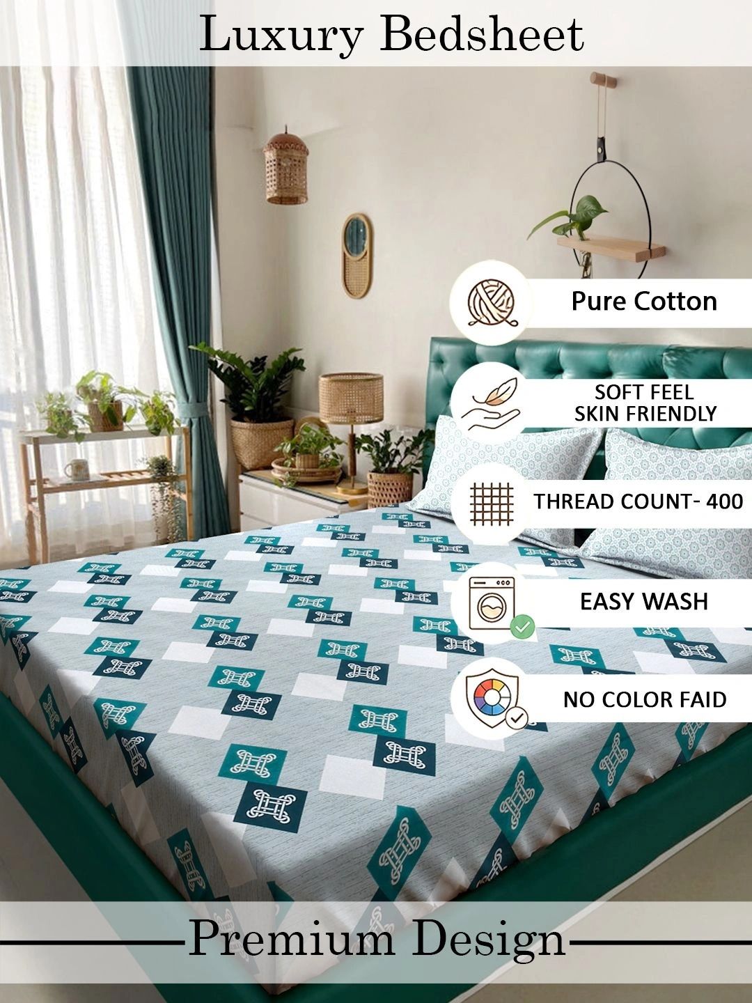 Myntra Elegant Homes Biru Turquoise & Kelabu Geometrik 400 TC Cadar King dengan 2 Sarung Bantal