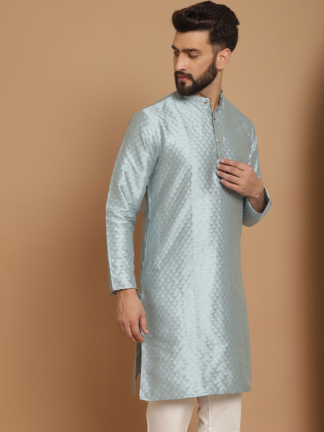 Anouk Men Blue Geometric Thread Work Kurta