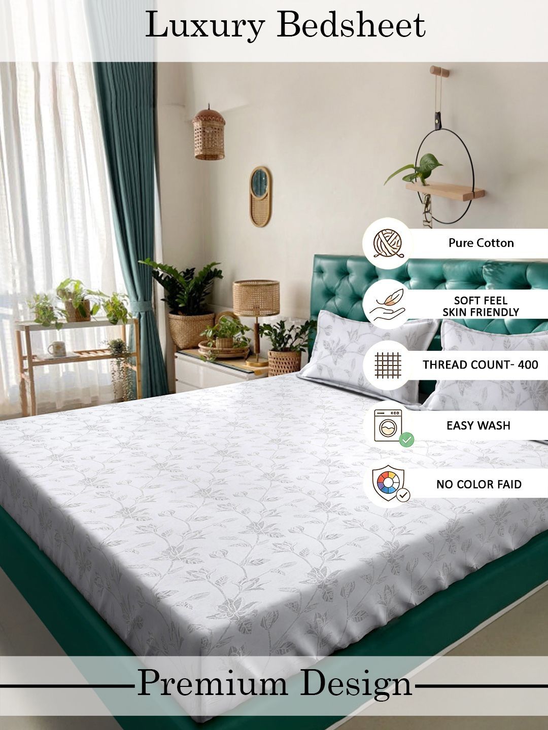 Myntra Elegant Homes White Floral 400 TC Cadar dengan 2 Sarung Bantal