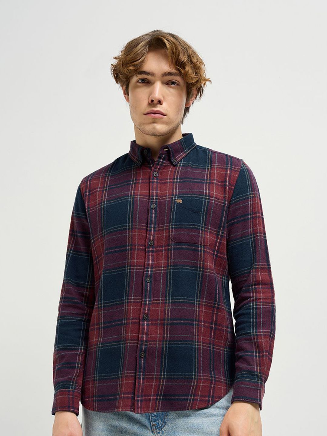 THE BEAR HOUSE Men Button-Down Collar Tartan Checked Cotton Casual Shirt