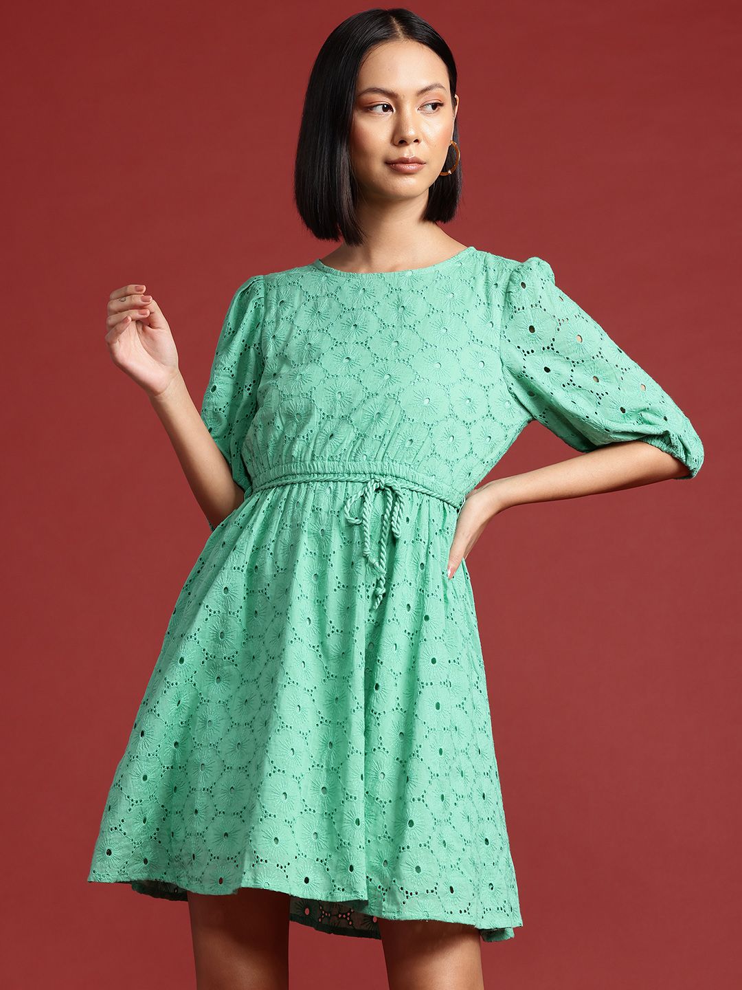 all about you Schiffli Detail Pure Cotton Fit & Flare Mini Dress